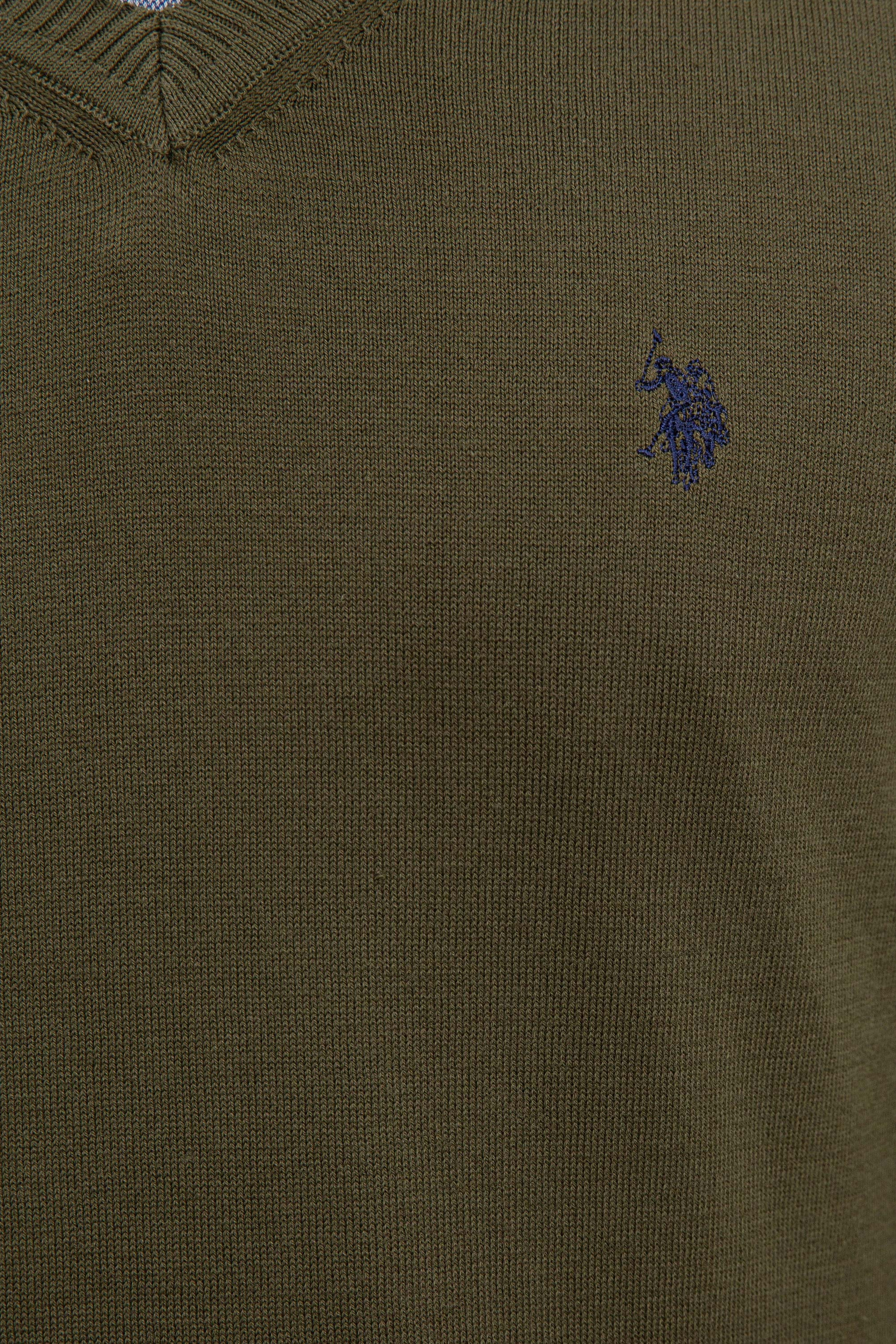 Erkek Haki V-Yaka Triko Kazak Basic