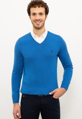 Erkek Kobalt V-Yaka Triko Kazak Basic - 50224729069