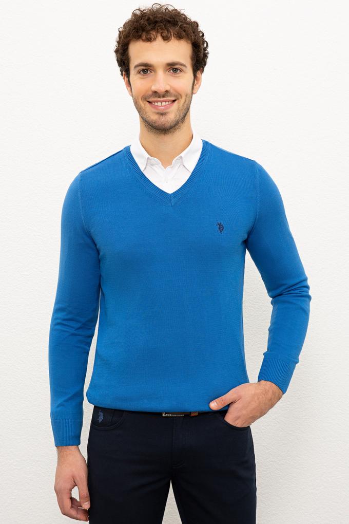 Erkek Kobalt V-Yaka Triko Kazak Basic