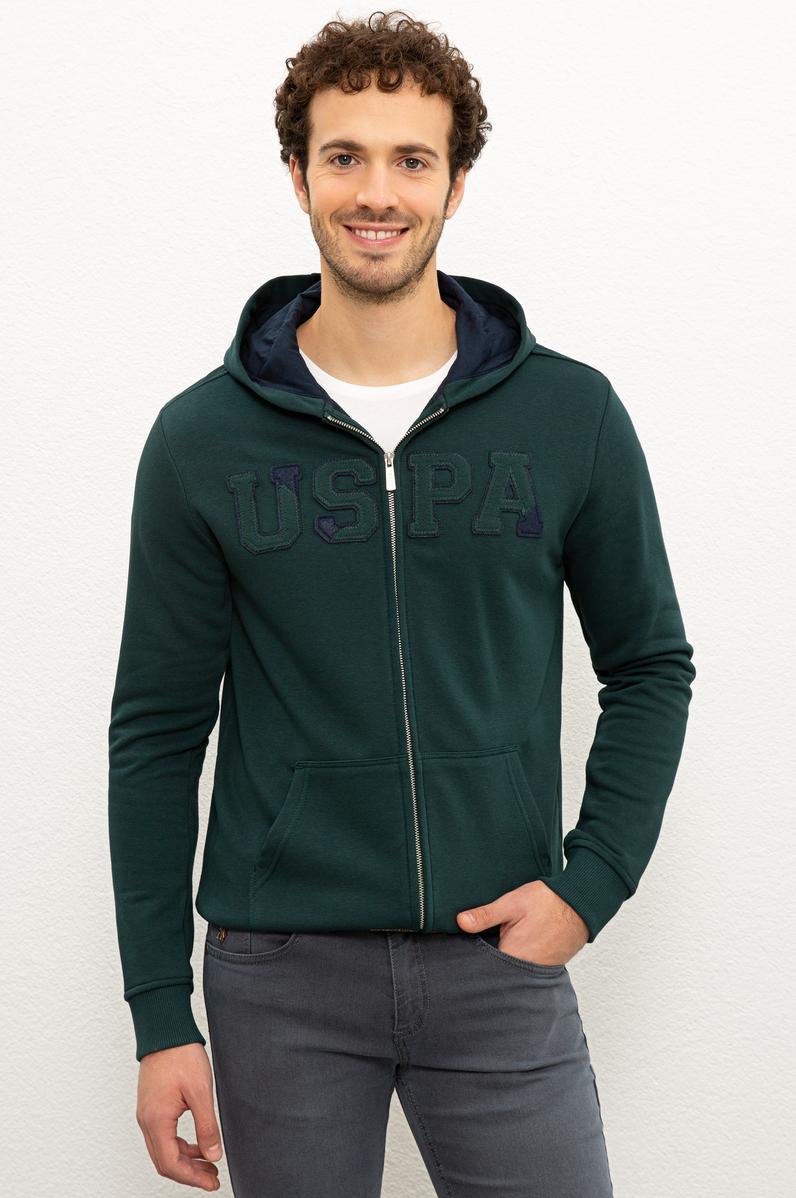 Erkek Koyu Yeşil Kapüşonlu Fermuarlı Sweatshirt