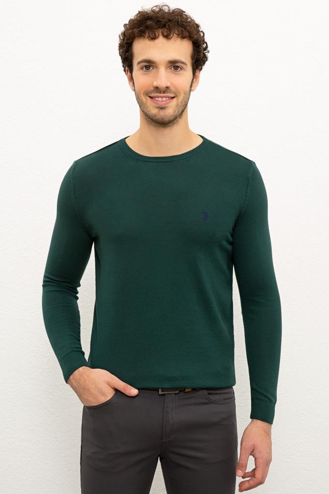 Erkek Koyu Yeşil Bisiklet Yaka Triko Kazak Basic