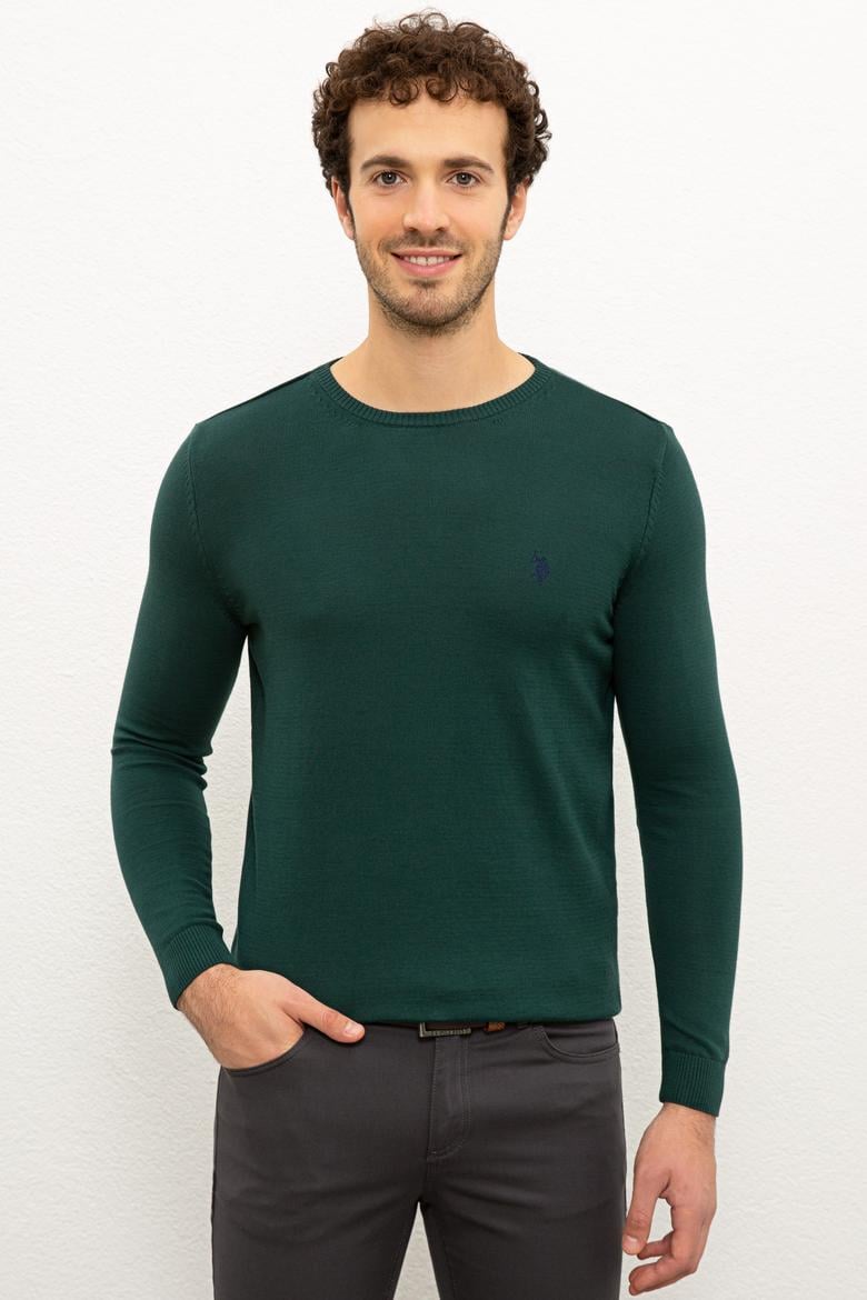 Erkek Koyu Yeşil Bisiklet Yaka Triko Kazak Basic