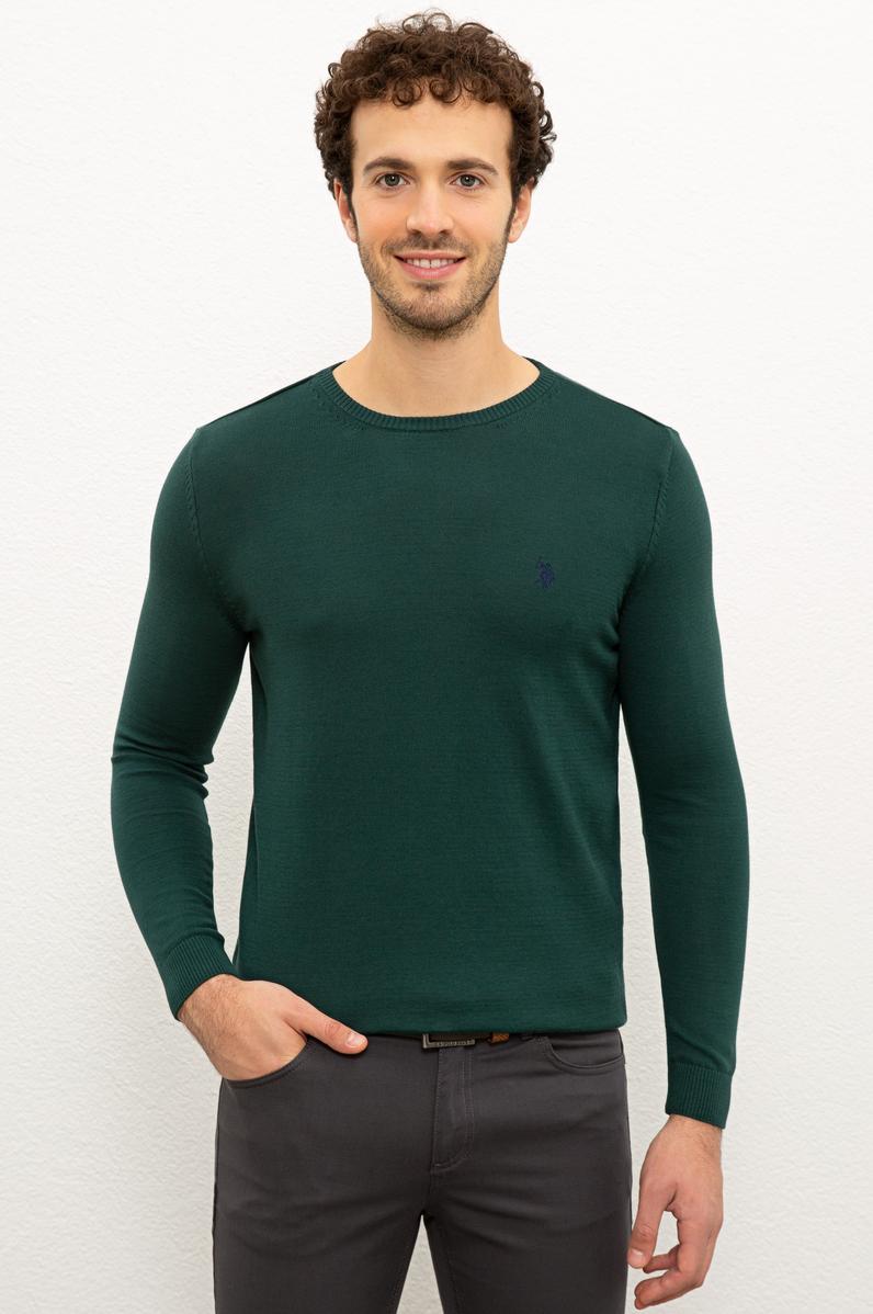 Erkek Koyu Yeşil Bisiklet Yaka Triko Kazak Basic