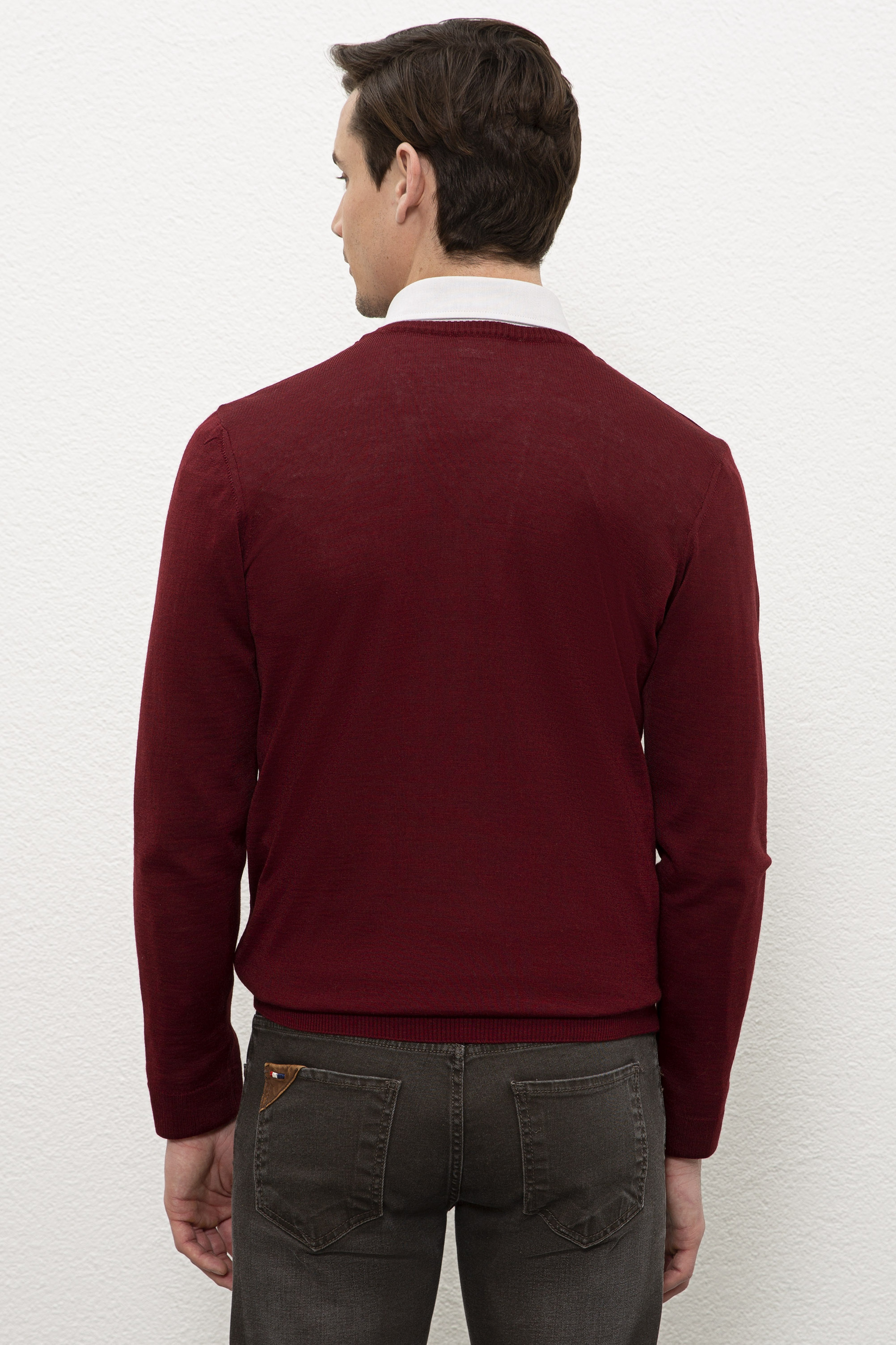 Erkek Bordo V-Yaka Triko Kazak Basic - Image 3