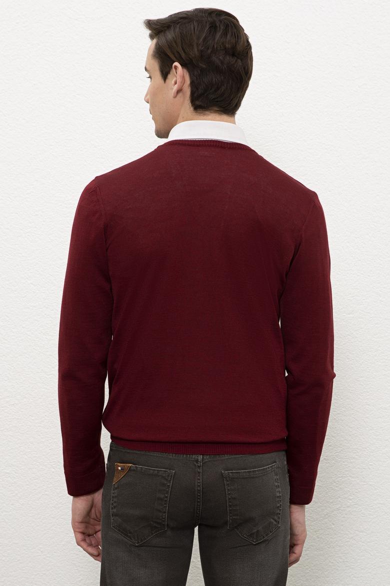 Erkek Bordo V-Yaka Triko Kazak Basic - 50206751062