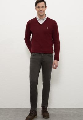 Erkek Bordo V-Yaka Triko Kazak Basic - 50206751062