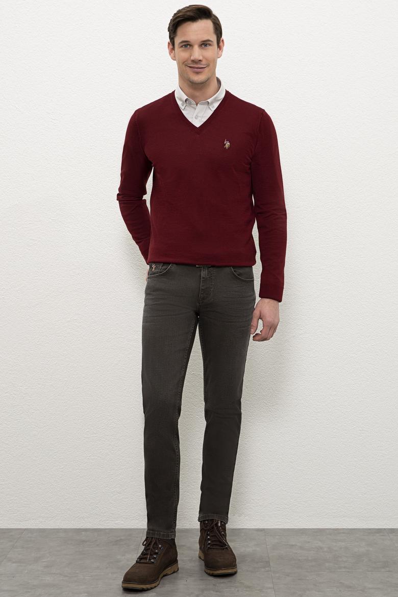 Erkek Bordo V-Yaka Triko Kazak Basic - 50206751062