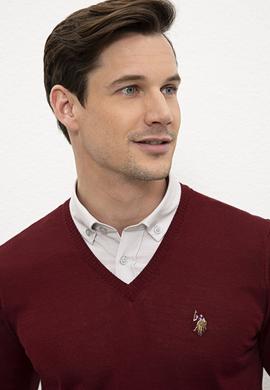 Erkek Bordo V-Yaka Triko Kazak Basic - 50206751062