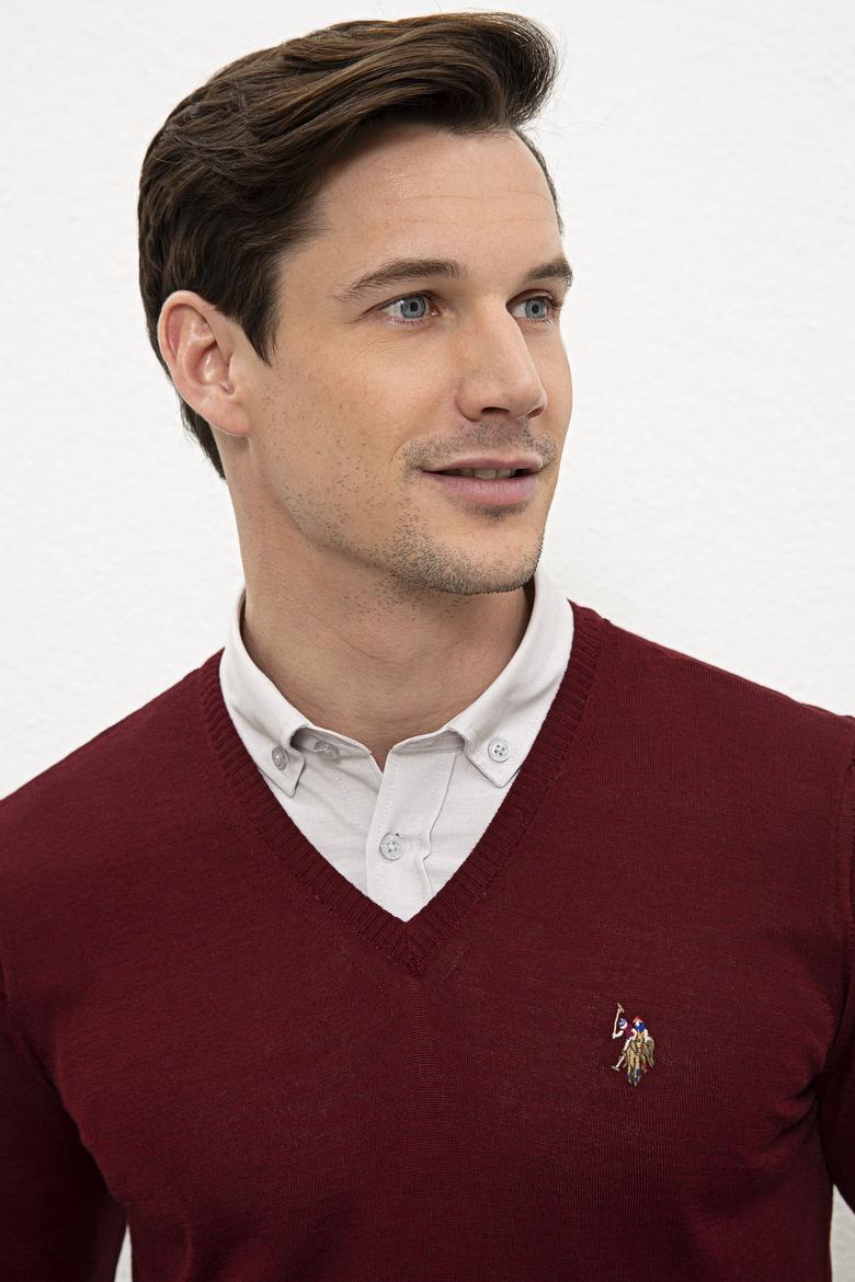 Erkek Bordo V-Yaka Triko Kazak Basic - 50206751062