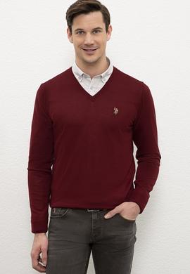 Erkek Bordo V-Yaka Triko Kazak Basic - 50206751062