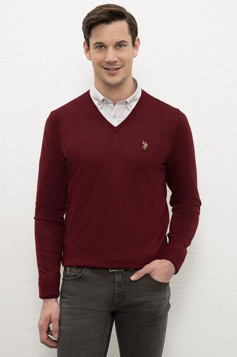 Erkek Bordo V-Yaka Triko Kazak Basic