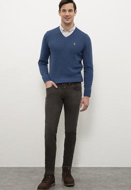 Erkek İndigo V-Yaka Triko Kazak Basic - 50206753005