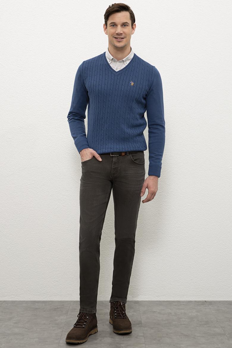 Erkek İndigo V-Yaka Triko Kazak Basic - 50206753005