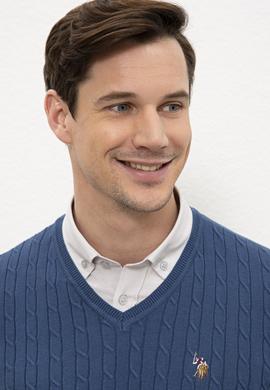 Erkek İndigo V-Yaka Triko Kazak Basic - 50206753005