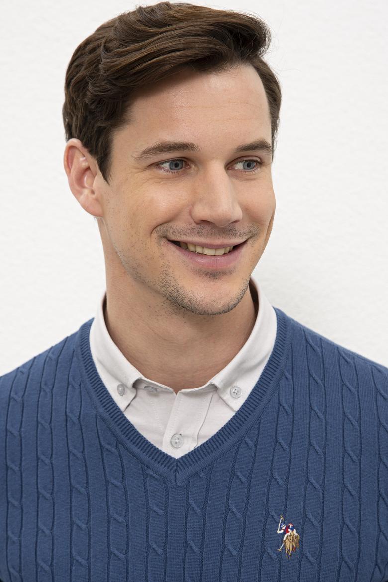 Erkek İndigo V-Yaka Triko Kazak Basic - 50206753005