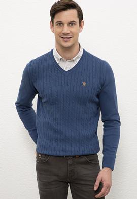 Erkek İndigo V-Yaka Triko Kazak Basic - 50206753005