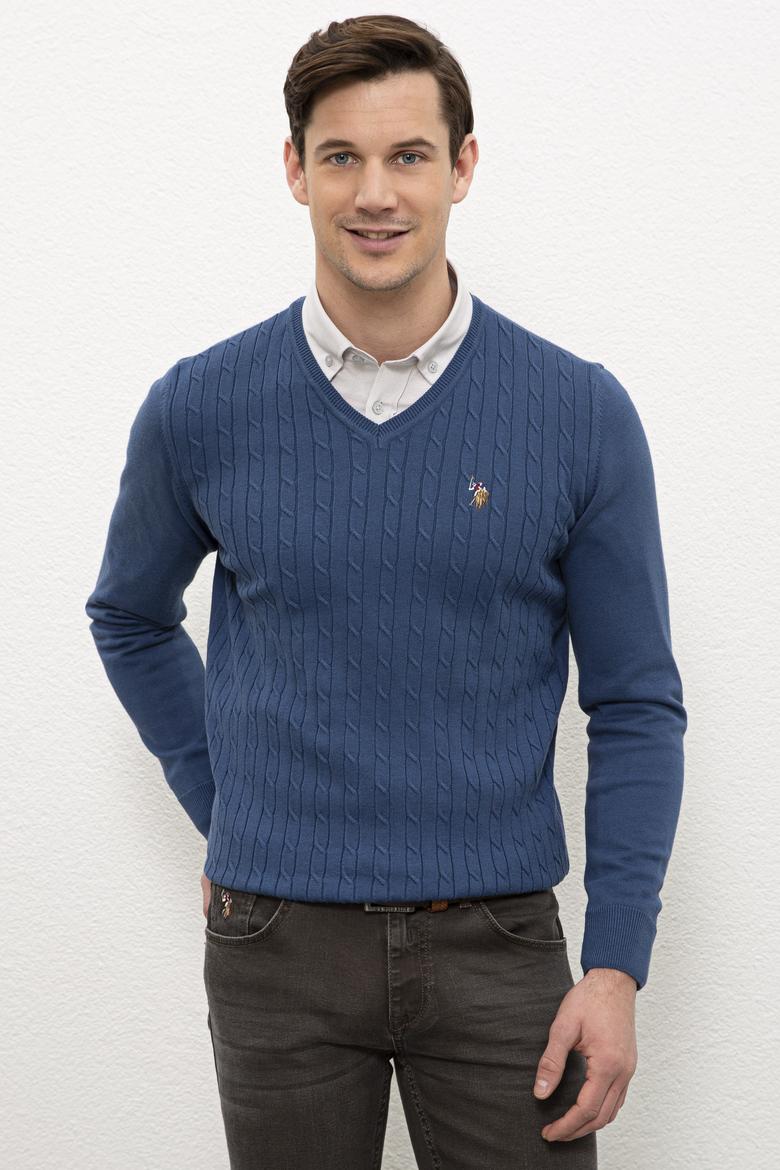 Erkek İndigo V-Yaka Triko Kazak Basic