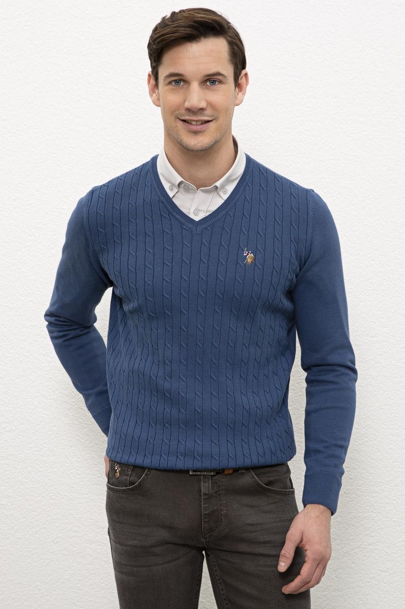 Erkek İndigo V-Yaka Triko Kazak Basic