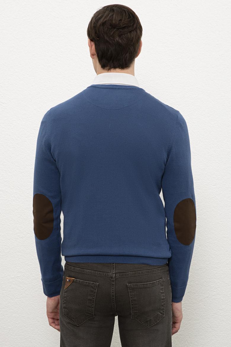 Erkek İndigo V-Yaka Triko Kazak Basic - 50206753005