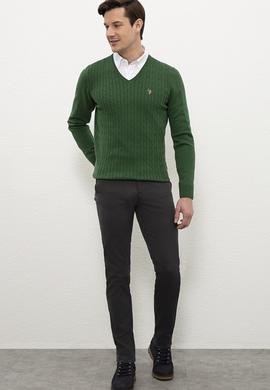 Erkek Yeşil V-Yaka Triko Kazak Basic - 50206753088