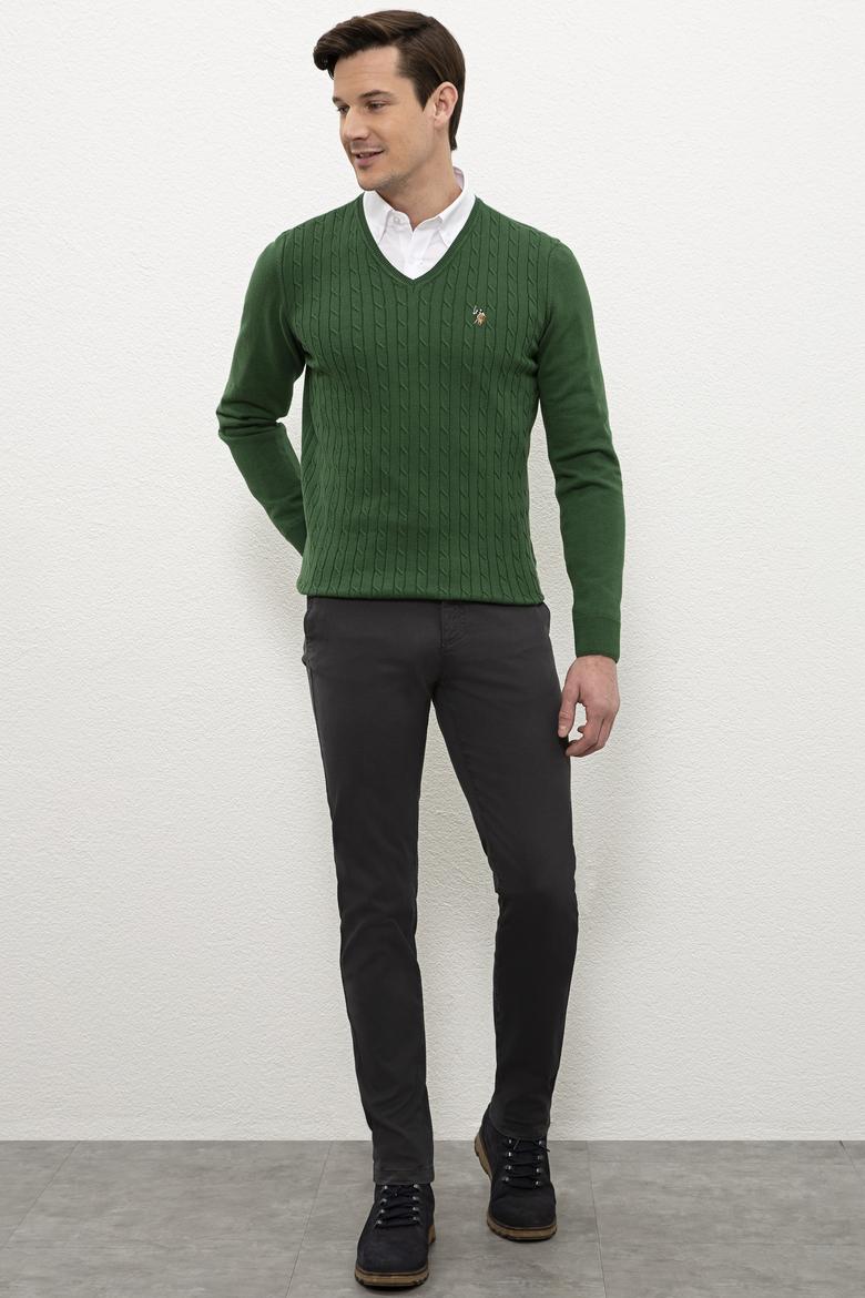 Erkek Yeşil V-Yaka Triko Kazak Basic - 50206753088
