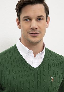 Erkek Yeşil V-Yaka Triko Kazak Basic - 50206753088