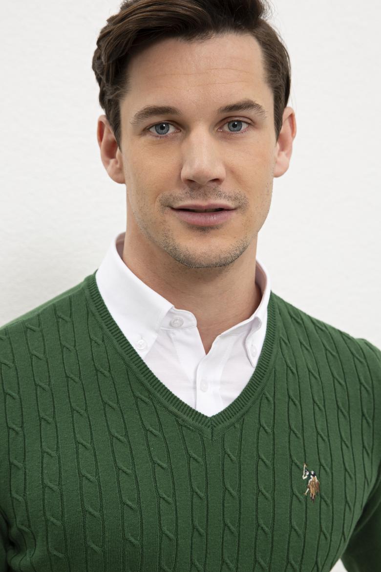 Erkek Yeşil V-Yaka Triko Kazak Basic - 50206753088