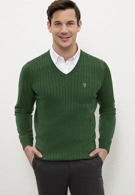 Erkek Yeşil V-Yaka Triko Kazak Basic - 50206753088