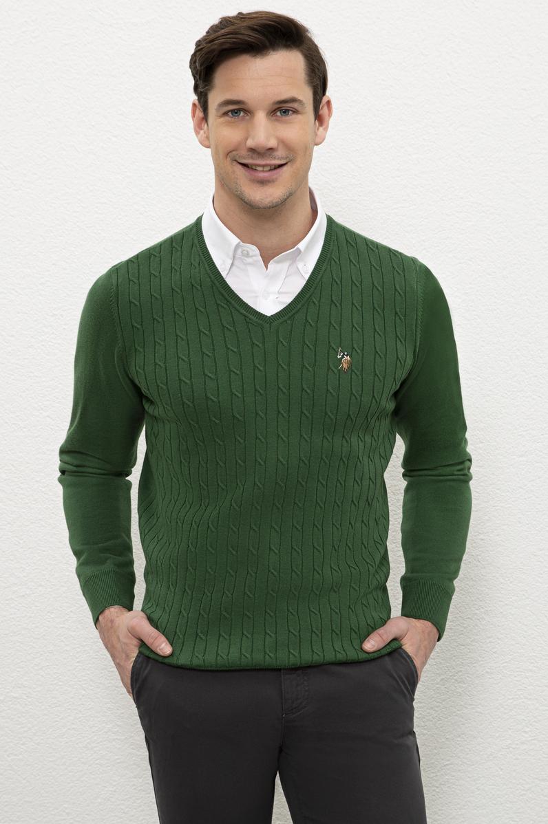 Erkek Yeşil V-Yaka Triko Kazak Basic