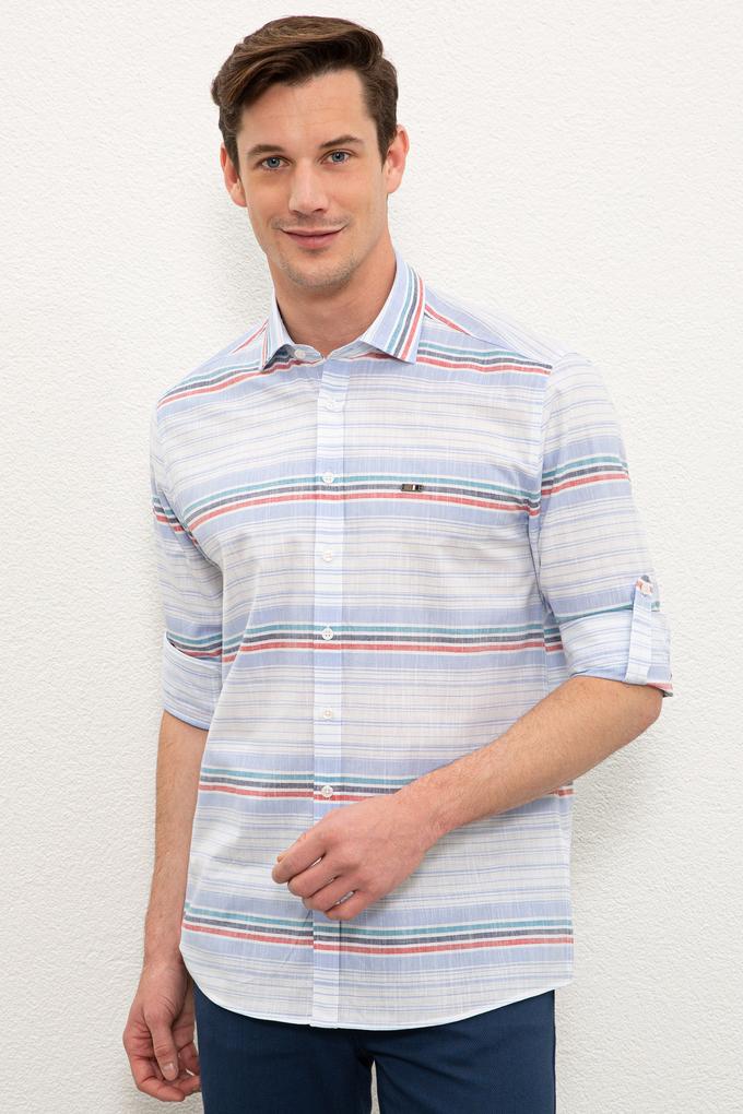 Erkek Açık Mavi Yatay Çizgili Gömlek Uzunkol