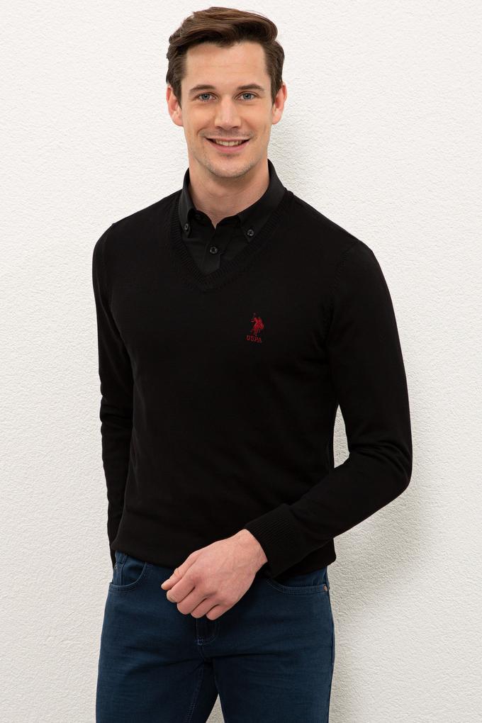 Erkek Siyah V-Yaka Triko Kazak Basic