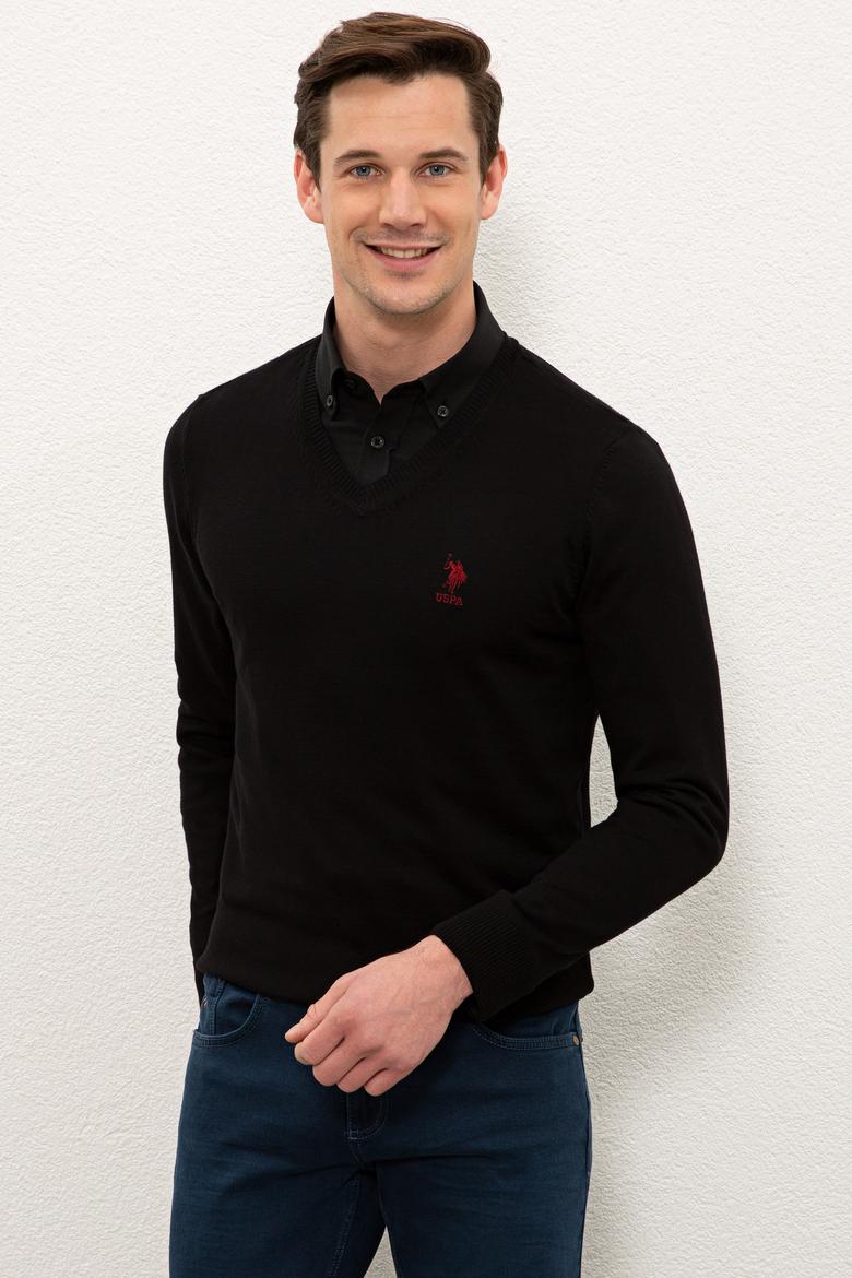 Erkek Siyah V-Yaka Triko Kazak Basic