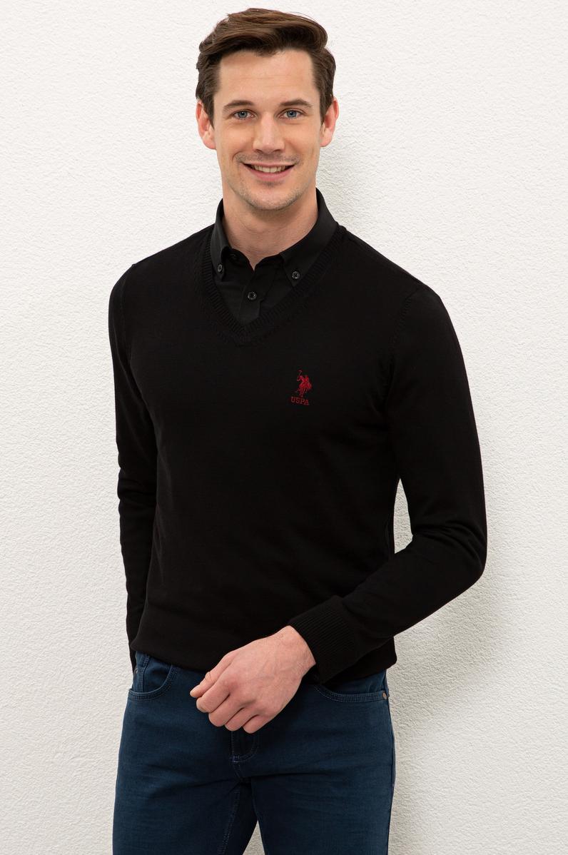 Erkek Siyah V-Yaka Triko Kazak Basic