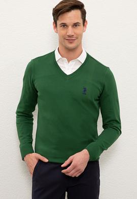 Erkek Yeşil V-Yaka Triko Kazak Basic - 50206747073