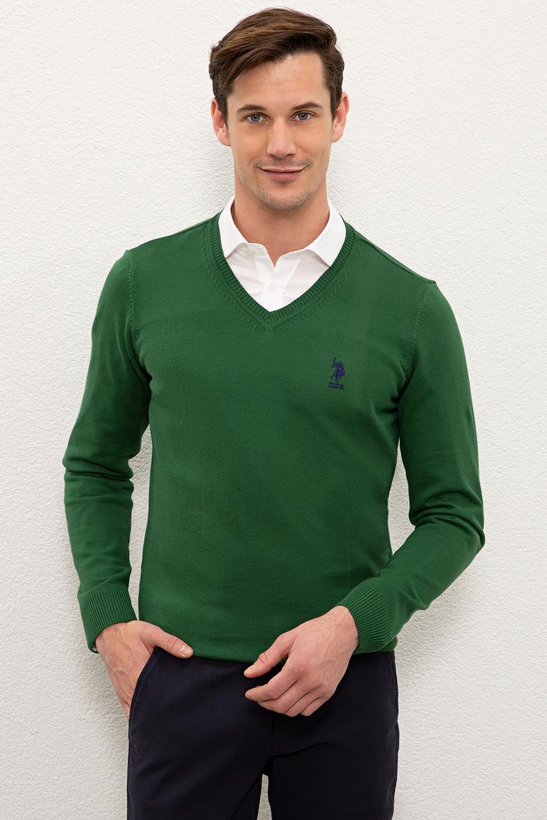 Erkek Yeşil V-Yaka Triko Kazak Basic