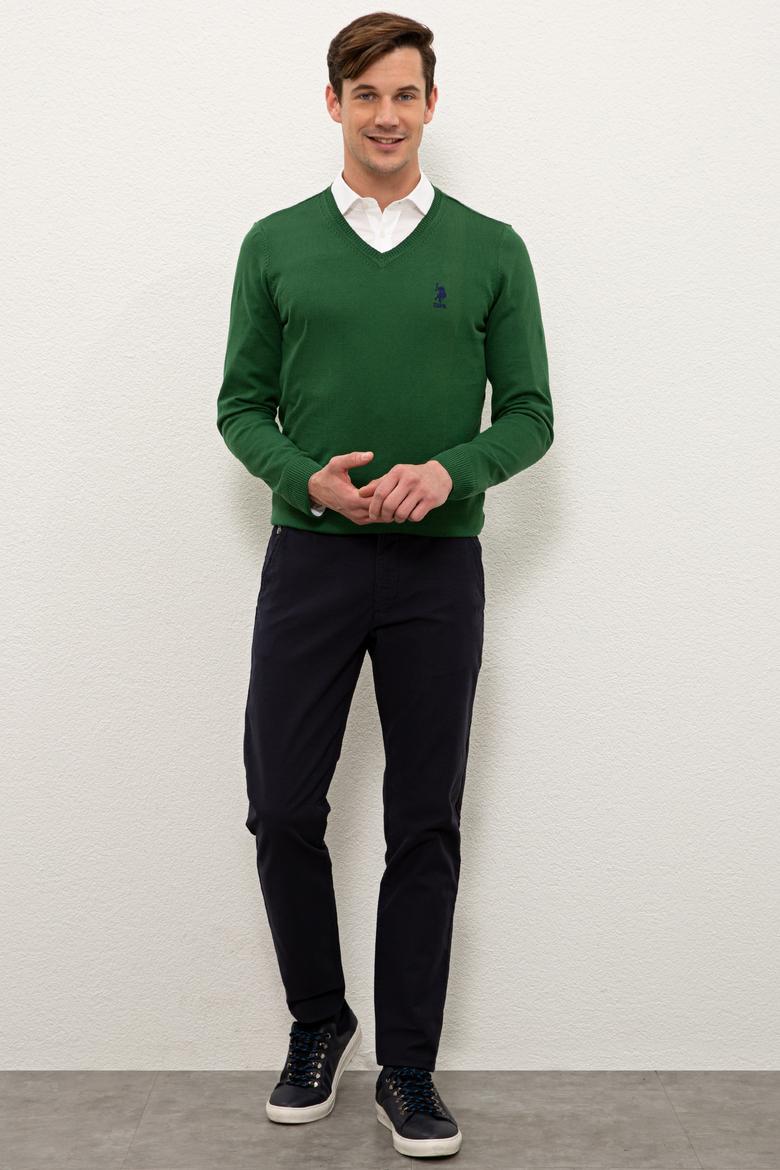 Erkek Yeşil V-Yaka Triko Kazak Basic - 50206747073