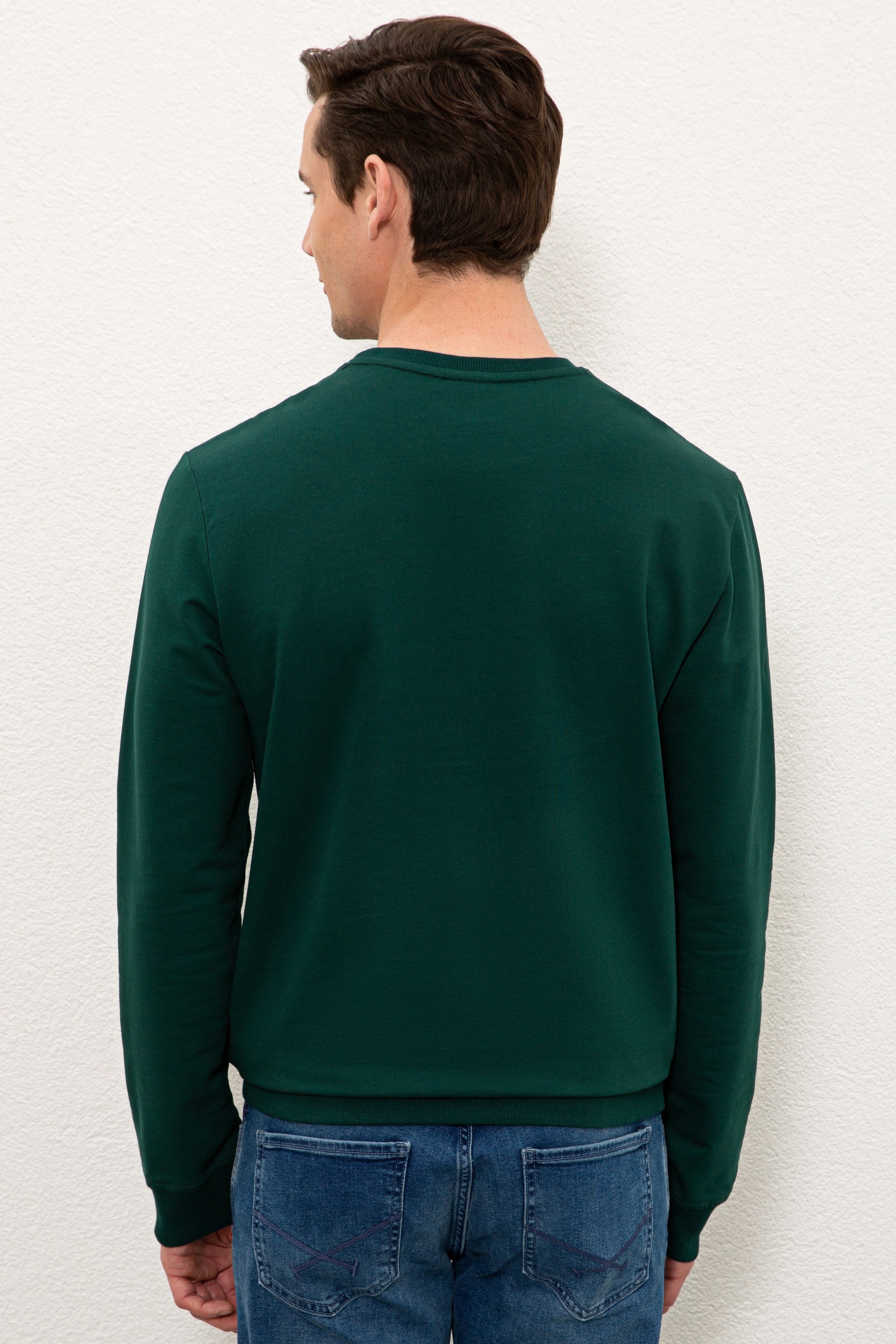 Erkek Koyu Yeşil Bisiklet Yaka Sweatshirt Basic