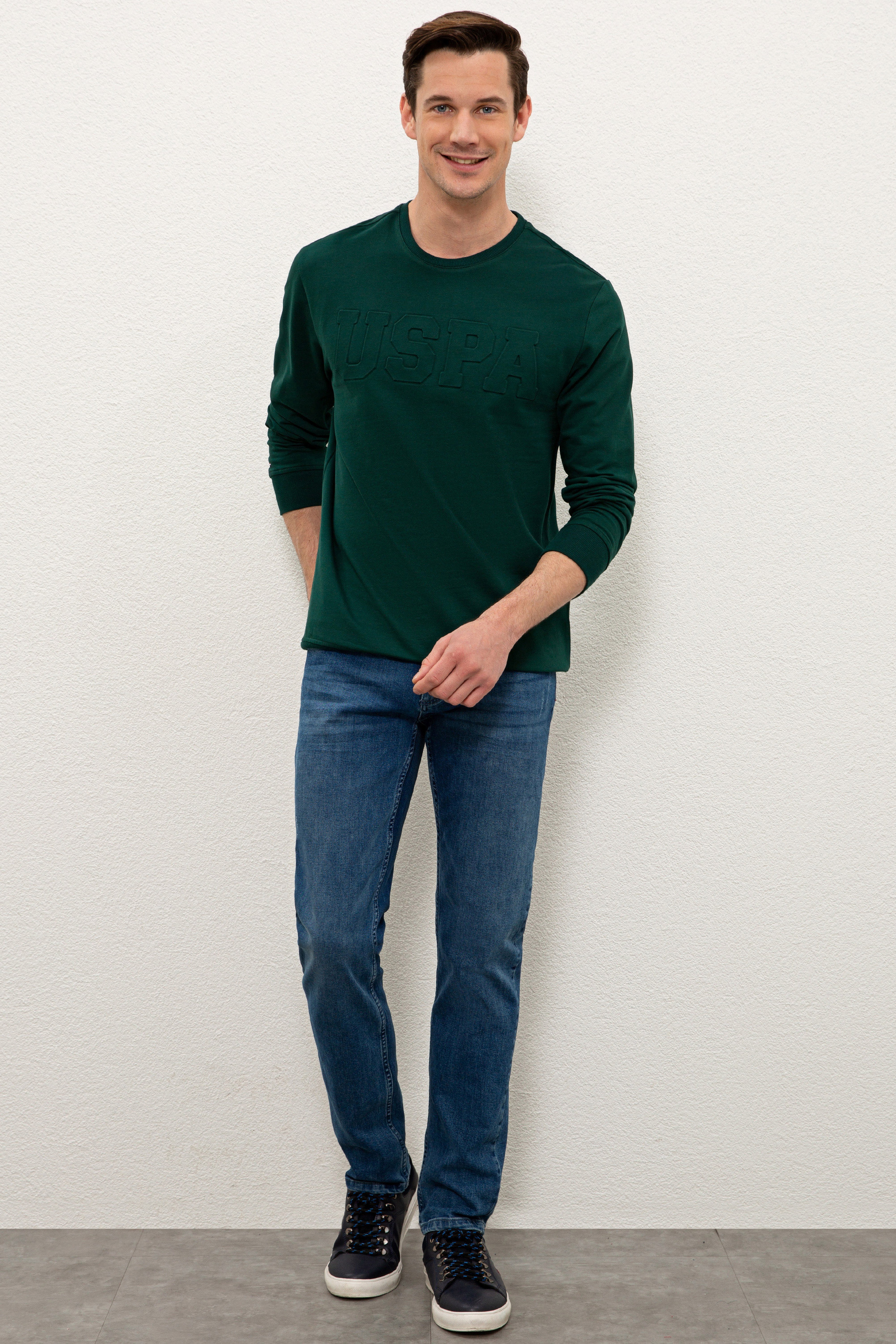 Erkek Koyu Yeşil Bisiklet Yaka Sweatshirt Basic - Image 4