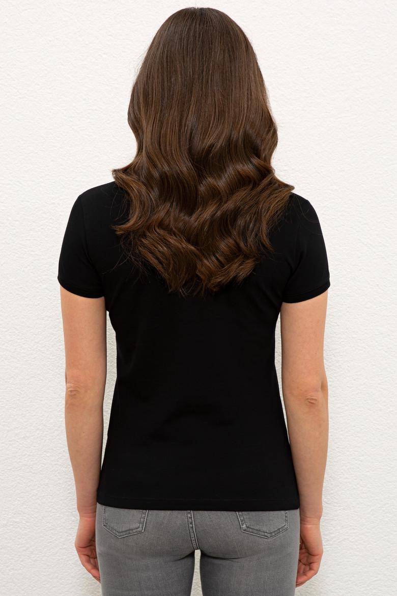 Kadın Siyah Basic Polo Yaka Tişört - 50233223014