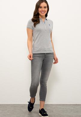 Kadın Gri Melanj Basic Polo Yaka Tişört - 50233223025