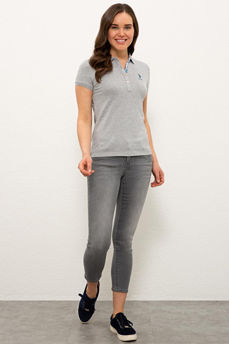 Kadın Gri Melanj Basic Polo Yaka Tişört - 50233223025