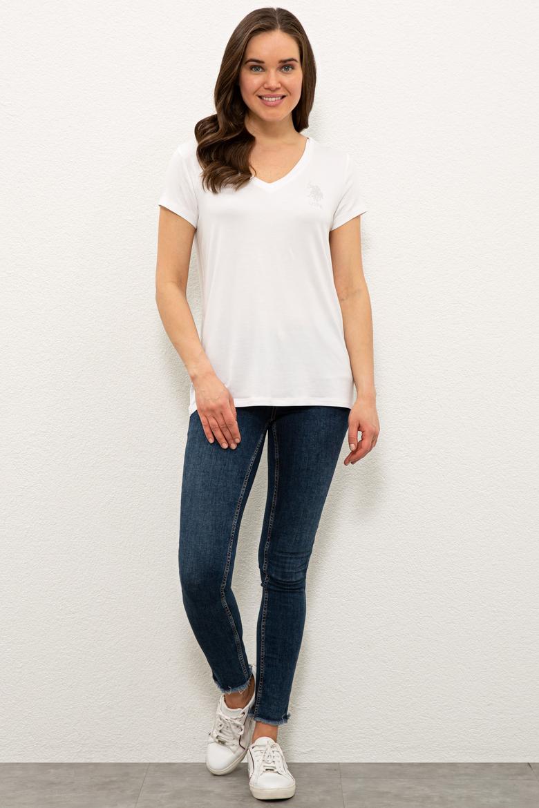 Kadın Beyaz V Yaka Basic Tişört - 50234861022