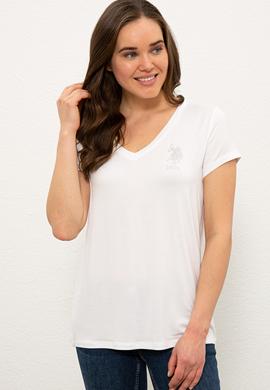 Kadın Beyaz V Yaka Basic Tişört - 50234861022