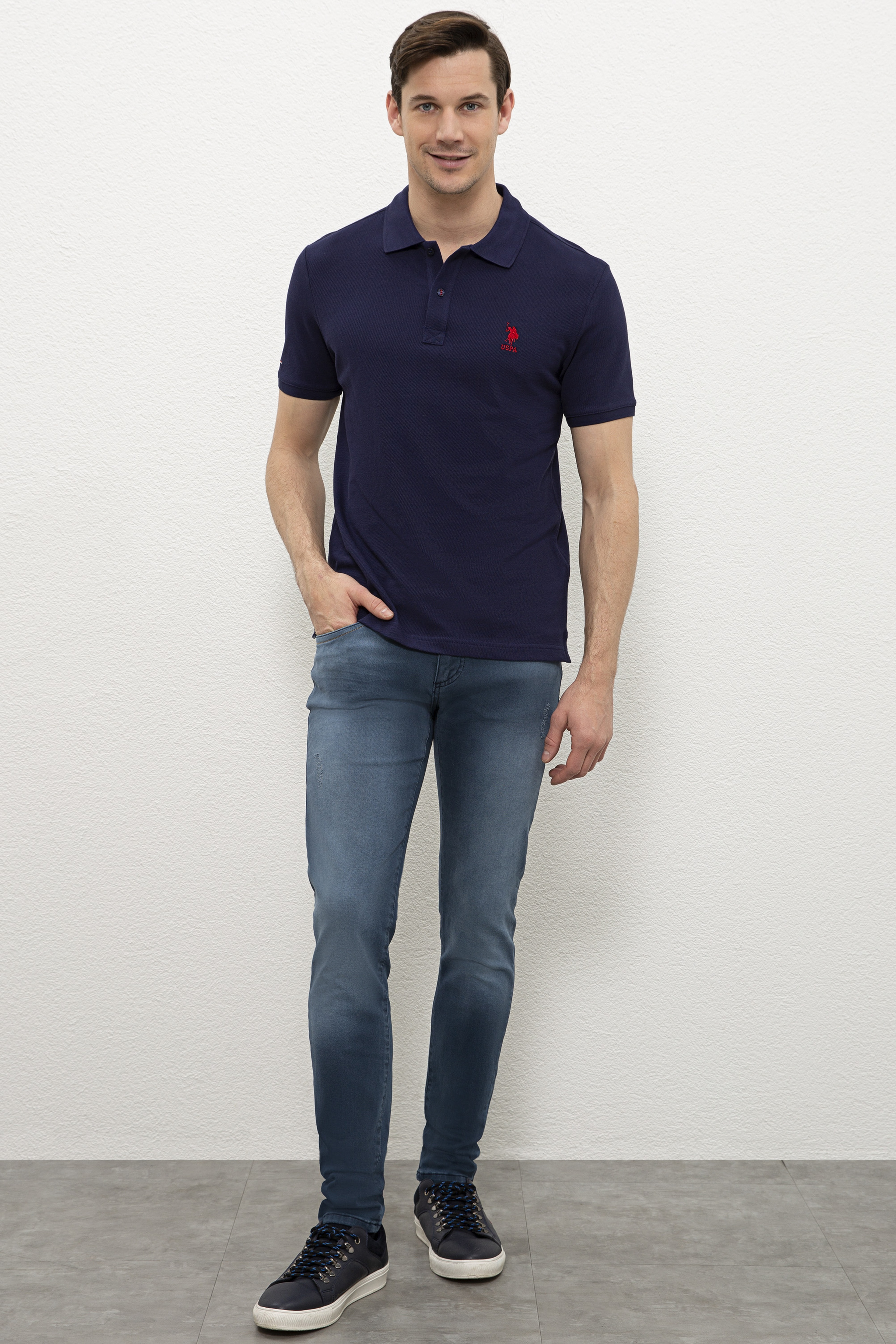 Erkek Lacivert Polo Yaka Basic T-Shirt - Image 4