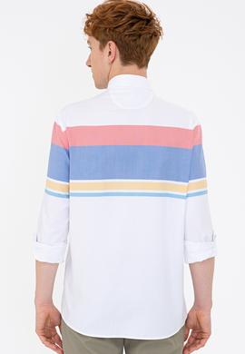 Erkek Kırmızı Mavi Yatay Blok Çizgili Gömlek Uzunkol - 50235214021