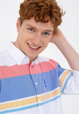 Erkek Kırmızı Mavi Yatay Blok Çizgili Gömlek Uzunkol - 50235214021