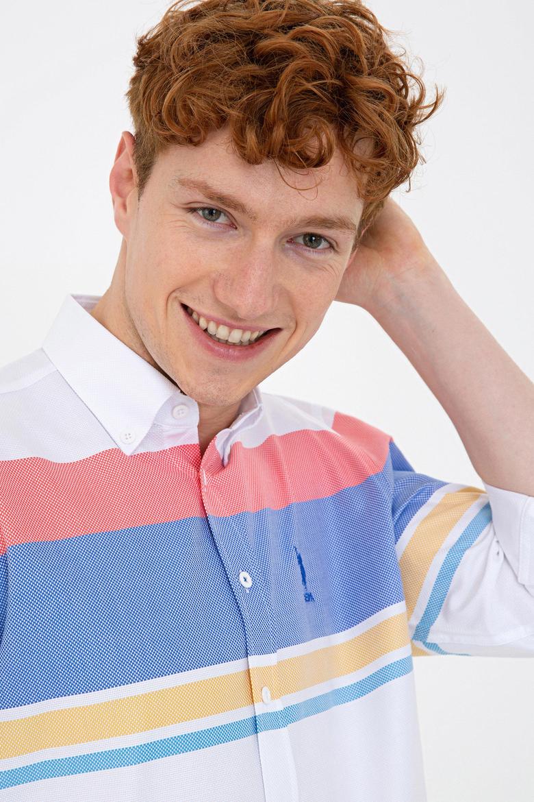 Erkek Kırmızı Mavi Yatay Blok Çizgili Gömlek Uzunkol - 50235214021