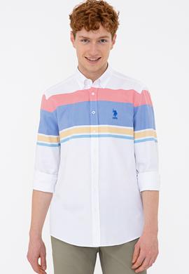 Erkek Kırmızı Mavi Yatay Blok Çizgili Gömlek Uzunkol - 50235214021