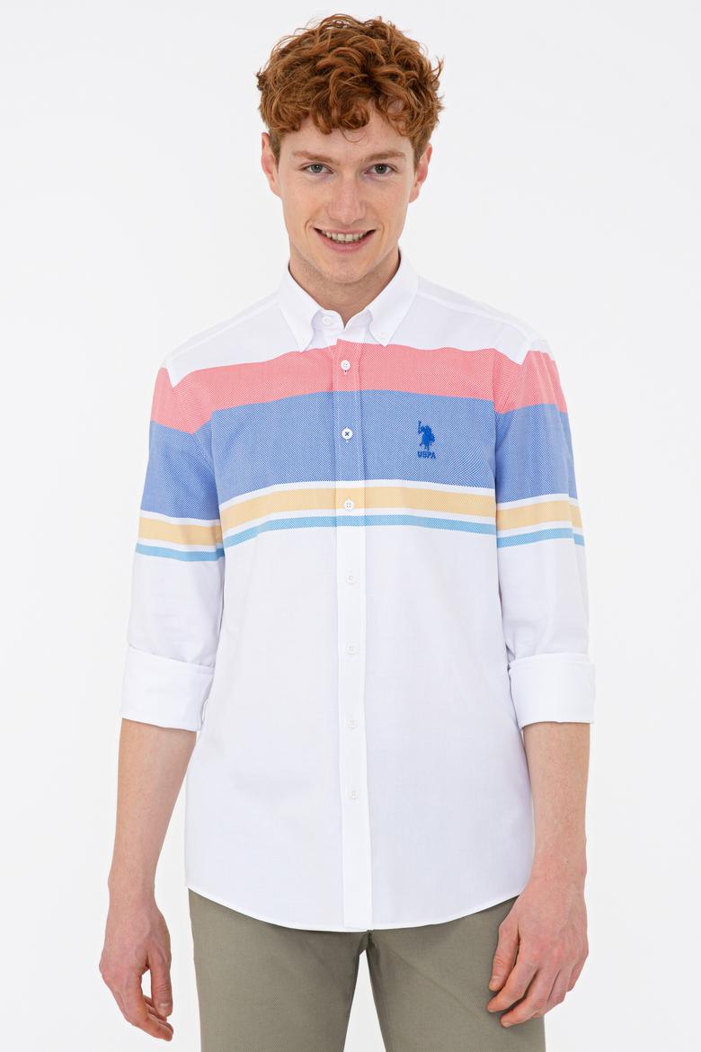 Erkek Kırmızı Mavi Yatay Blok Çizgili Gömlek Uzunkol