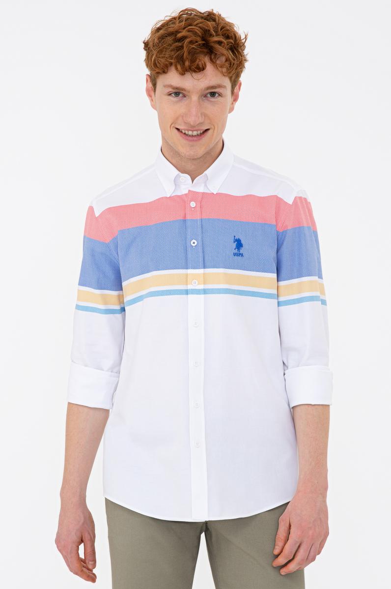 Erkek Kırmızı Mavi Yatay Blok Çizgili Gömlek Uzunkol